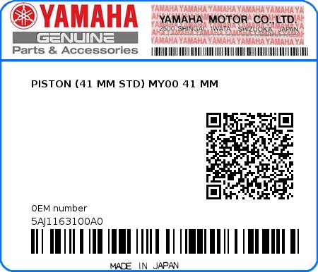 Product image: Yamaha - 5AJ1163100A0 - PISTON (41 MM STD) MY00 41 MM  0