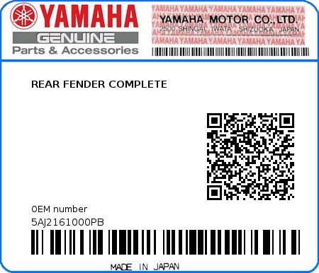 Product image: Yamaha - 5AJ2161000PB - REAR FENDER COMPLETE  0