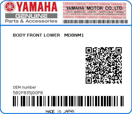 Product image: Yamaha - 5B2F835J00P8 - BODY FRONT LOWER   MDBNM1  0