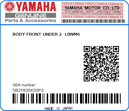 Product image: Yamaha - 5B2F835K00P3 - BODY FRONT UNDER 2  LBNM6  0