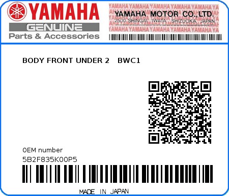 Product image: Yamaha - 5B2F835K00P5 - BODY FRONT UNDER 2   BWC1  0