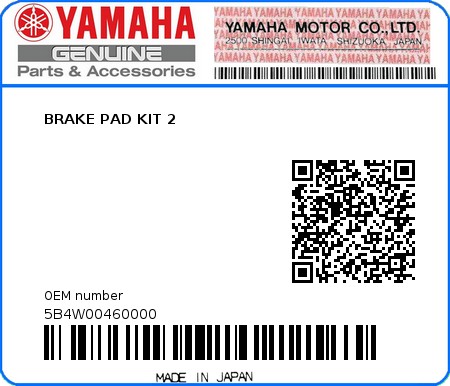 Product image: Yamaha - 5B4W00460000 - BRAKE PAD KIT 2  0
