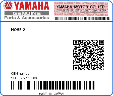 Product image: Yamaha - 5BE125770000 - HOSE 2  0