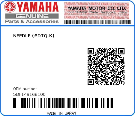 Product image: Yamaha - 5BF149168100 - NEEDLE (#DTQ-K)  0