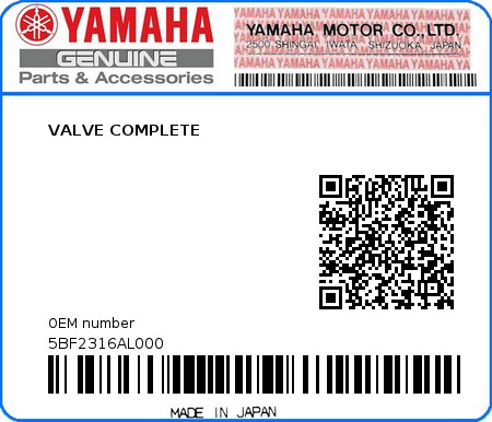 Product image: Yamaha - 5BF2316AL000 - VALVE COMPLETE  0