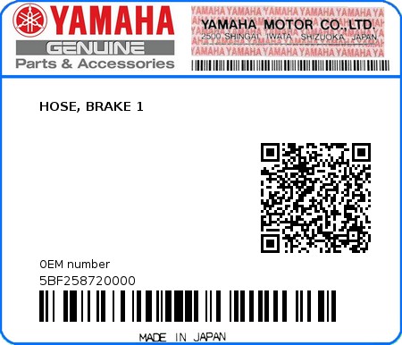 Product image: Yamaha - 5BF258720000 - HOSE, BRAKE 1  0