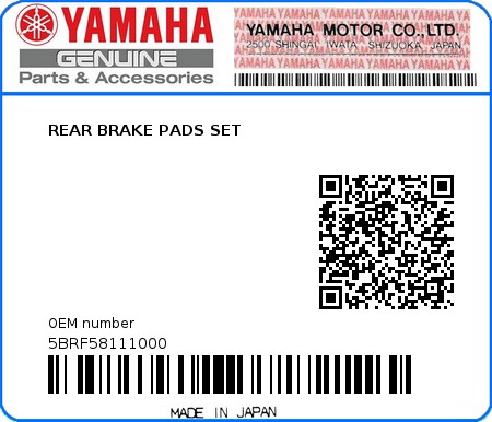 Product image: Yamaha - 5BRF58111000 - REAR BRAKE PADS SET  0