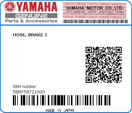 Product image: Yamaha - 5BRF58721000 - HOSE, BRAKE 1  0