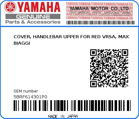 Product image: Yamaha - 5BRF614301P0 - COVER, HANDLEBAR UPPER FOR RED VRSA, MAX BIAGGI  0