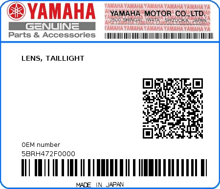 Product image: Yamaha - 5BRH472F0000 - LENS, TAILLIGHT   0