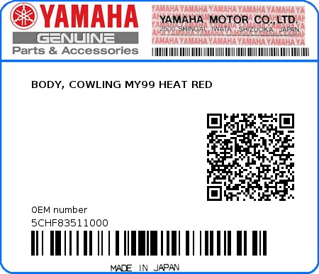Product image: Yamaha - 5CHF83511000 - BODY, COWLING MY99 HEAT RED  0