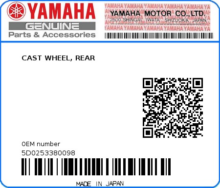 Product image: Yamaha - 5D0253380098 - CAST WHEEL, REAR  0