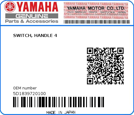 Product image: Yamaha - 5D1839720100 - SWITCH, HANDLE 4  0