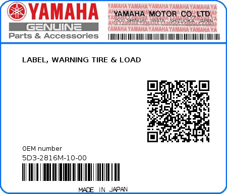 Product image: Yamaha - 5D3-2816M-10-00 - LABEL, WARNING TIRE & LOAD  0