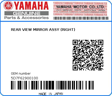 Product image: Yamaha - 5D7F62900100 - REAR VIEW MIRROR ASSY (RIGHT)  0
