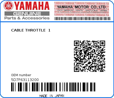 Product image: Yamaha - 5D7F63113200 - CABLE THROTTLE  1  0