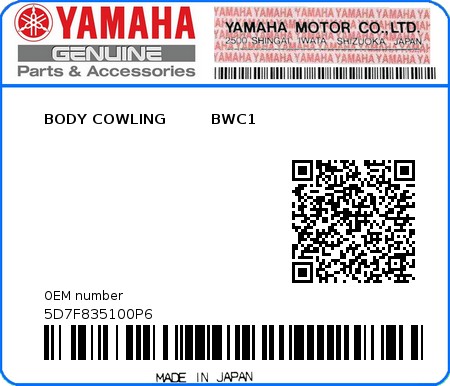 Product image: Yamaha - 5D7F835100P6 - BODY COWLING         BWC1  0
