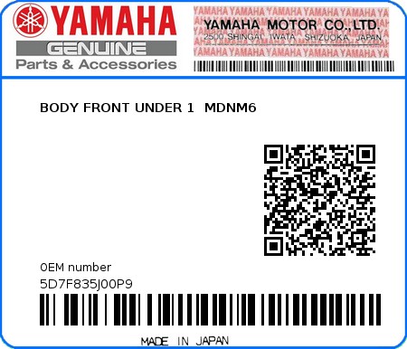 Product image: Yamaha - 5D7F835J00P9 - BODY FRONT UNDER 1  MDNM6  0