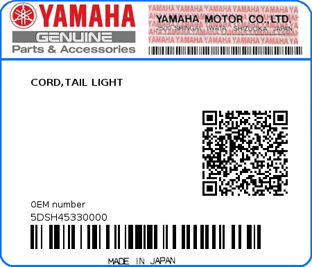 Product image: Yamaha - 5DSH45330000 - CORD,TAIL LIGHT  0