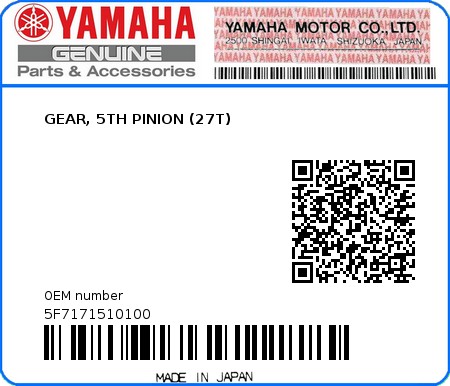 Product image: Yamaha - 5F7171510100 - GEAR, 5TH PINION (27T)   0