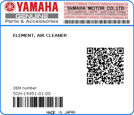 Product image: Yamaha - 5GH-14451-01-00 - ELEMENT, AIR CLEANER  0