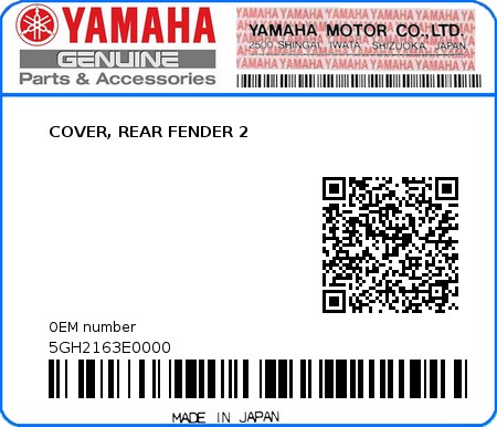 Product image: Yamaha - 5GH2163E0000 - COVER, REAR FENDER 2  0