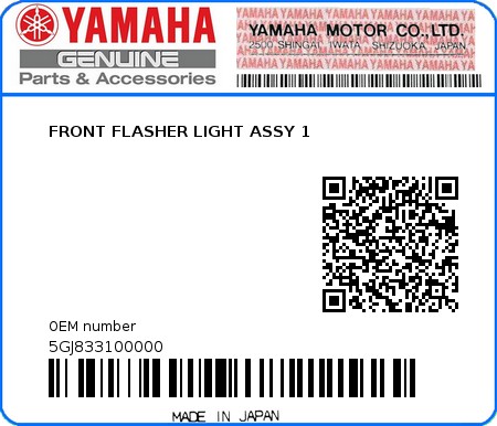 Product image: Yamaha - 5GJ833100000 - FRONT FLASHER LIGHT ASSY 1  0