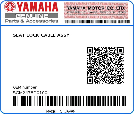 Product image: Yamaha - 5GM2478D0100 - SEAT LOCK CABLE ASSY  0