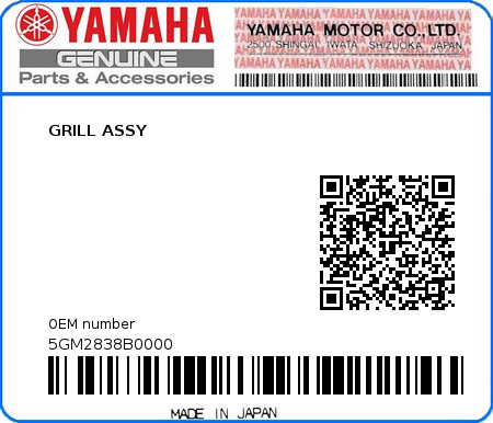 Product image: Yamaha - 5GM2838B0000 - GRILL ASSY  0