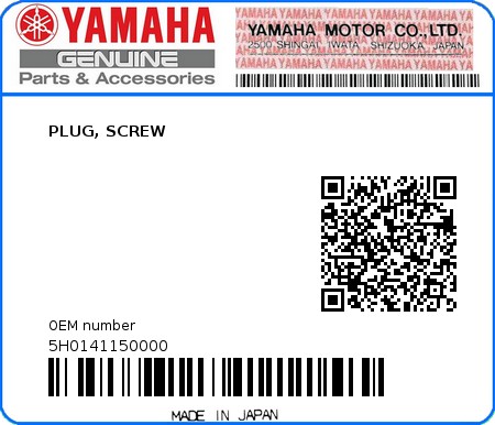 Product image: Yamaha - 5H0141150000 - PLUG, SCREW  0