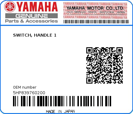 Product image: Yamaha - 5HP839760200 - SWITCH, HANDLE 1  0