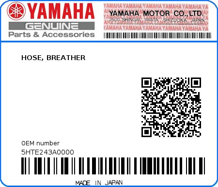 Product image: Yamaha - 5HTE243A0000 - HOSE, BREATHER   0