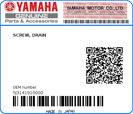 Product image: Yamaha - 5J3141910000 - SCREW, DRAIN  0