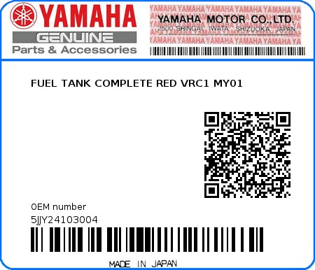 Product image: Yamaha - 5JJY24103004 - FUEL TANK COMPLETE RED VRC1 MY01  0