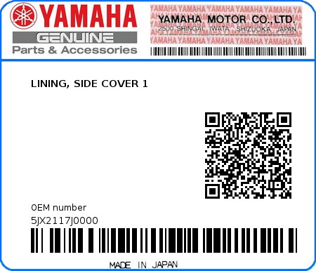 Product image: Yamaha - 5JX2117J0000 - LINING, SIDE COVER 1  0