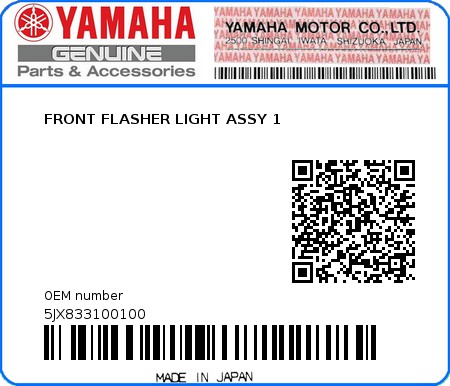 Product image: Yamaha - 5JX833100100 - FRONT FLASHER LIGHT ASSY 1  0