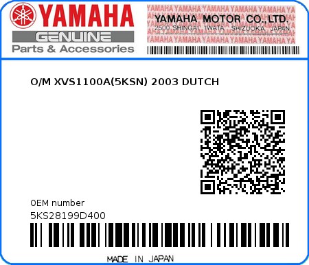 Product image: Yamaha - 5KS28199D400 - O/M XVS1100A(5KSN) 2003 DUTCH  0
