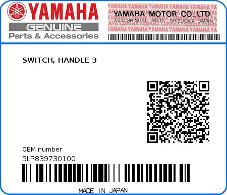 Product image: Yamaha - 5LP839730100 - SWITCH, HANDLE 3  0
