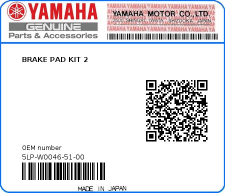 Product image: Yamaha - 5LP-W0046-51-00 - BRAKE PAD KIT 2  0