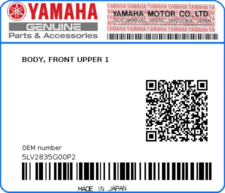 Product image: Yamaha - 5LV2835G00P2 - BODY, FRONT UPPER 1  0
