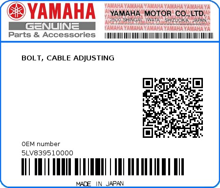 Product image: Yamaha - 5LV839510000 - BOLT, CABLE ADJUSTING  0