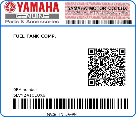 Product image: Yamaha - 5LVY241010X6 - FUEL TANK COMP.  0