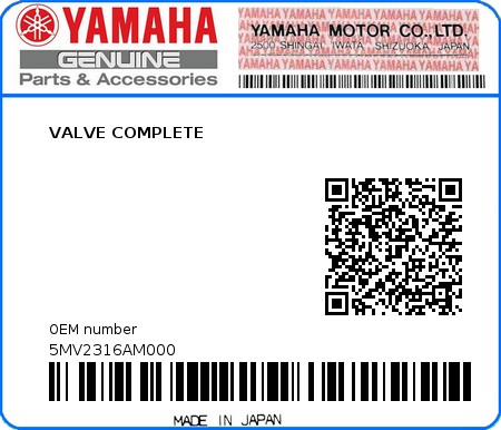 Product image: Yamaha - 5MV2316AM000 - VALVE COMPLETE   0