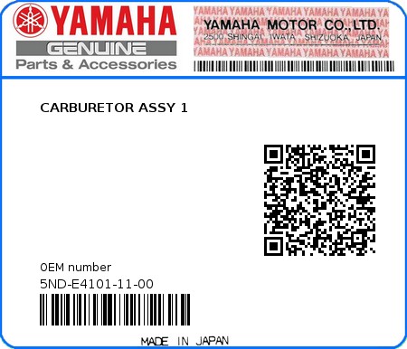 Product image: Yamaha - 5ND-E4101-11-00 - CARBURETOR ASSY 1  0