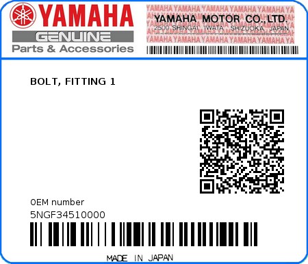 Product image: Yamaha - 5NGF34510000 - BOLT, FITTING 1  0