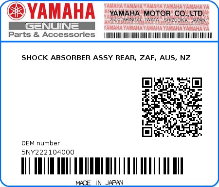 Product image: Yamaha - 5NY222104000 - SHOCK ABSORBER ASSY REAR, ZAF, AUS, NZ  0