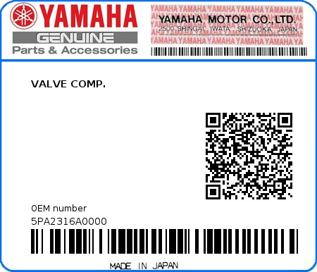 Product image: Yamaha - 5PA2316A0000 - VALVE COMP.  0