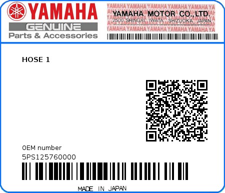 Product image: Yamaha - 5PS125760000 - HOSE 1  0