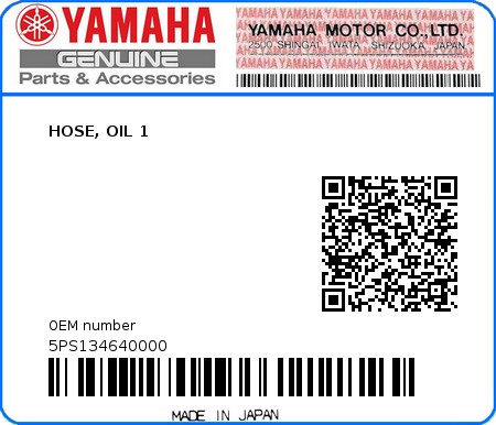 Product image: Yamaha - 5PS134640000 - HOSE, OIL 1  0