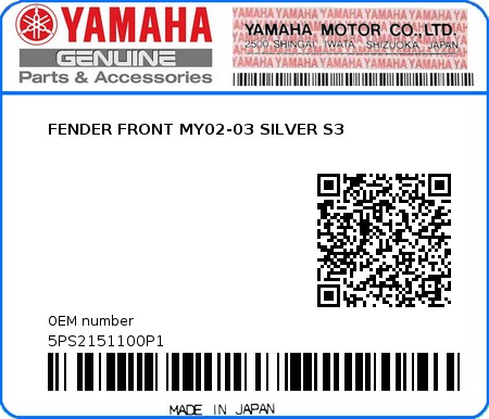 Product image: Yamaha - 5PS2151100P1 - FENDER FRONT MY02-03 SILVER S3  0